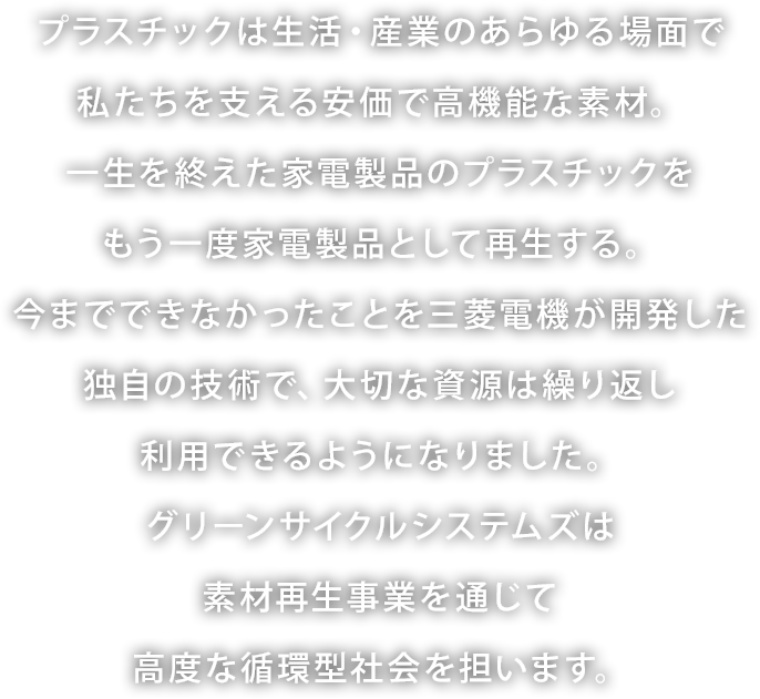 プラスチックは生活・産業のあらゆる場面で私たちを支える安価で高機能な素材。一生を終えた家電製品のプラスチックをもう一度家電製品として再生する。今までできなかったことを三菱電機が開発した独自の技術で、大切な資源は繰り返し利用できるようになりました。グリーンサイクルシステムズは素材再生事業を通じて高度な循環型社会を担います。